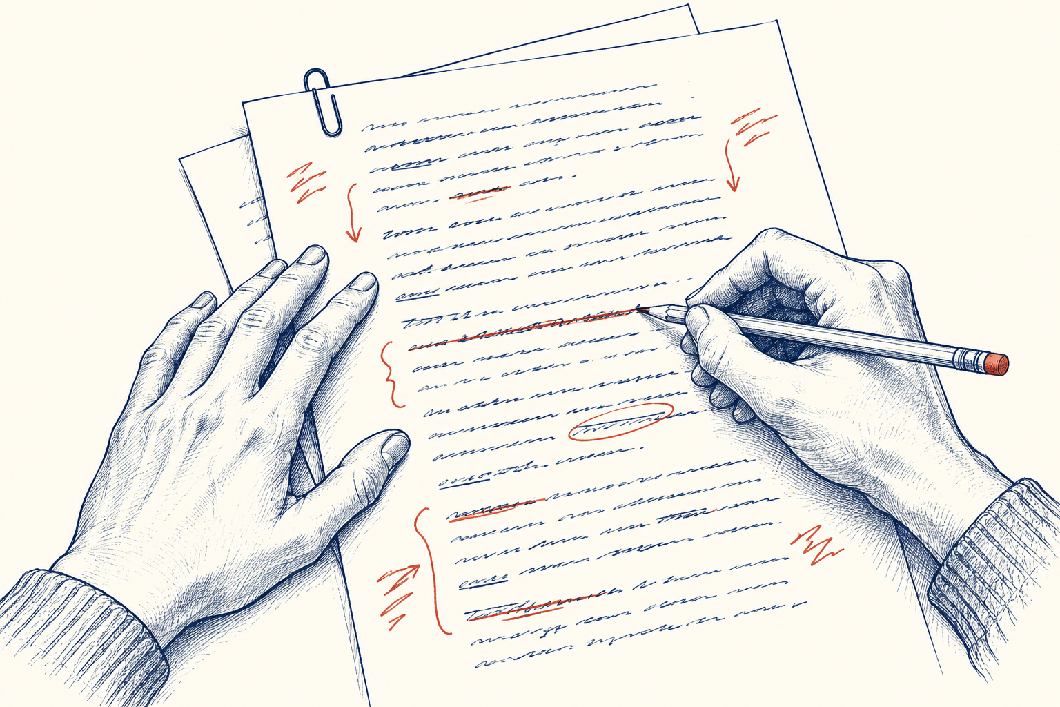Pen-and-ink drawing of an essay being read and revised by hand.